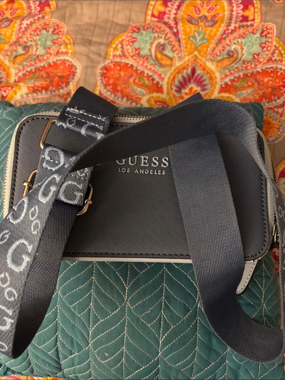 GUESS Slate Gray Saffiano Crossbody Bag with Gold Hardware